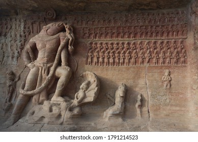 Ancient Relief Sculpture Of Rock Carving Of Hindu Iconography Of Vaishnavism (Vishnu) God As Vishnu In His Incarnation As The Man-boar Varaha Boar Avatar At Udayagiri Cave In Madhya Pradesh, India