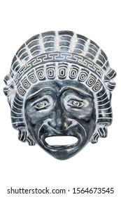 Ancient Reproduced Mask Used From Actors On Greek Ancient Tragedy And Comedy In Theater Performance, Isolated On White Background.  Souvenir From Greece.  No Property Release Required.