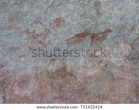 Ancient rock paintings, featuring numerous horned kudu antelope, in Matobo Hills National Park, Zimbabwe, a UNESCO World Heritage Site