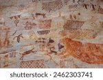 Ancient rock paintings in San Jose del Guaviare, Colombia, showcasing intricate designs and animal figures