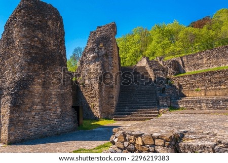 Ancient Roman amphitheater, Lyon, France, Théâtre Gallo Romain de Lyon-Fourvière, the stone steps and remaining ruined walls