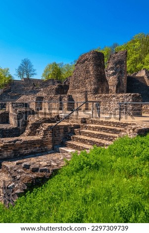 Ancient Roman amphitheater, Lyon, France, Théâtre Gallo Romain de Lyon-Fourvière, the stone steps and remaining ruined walls