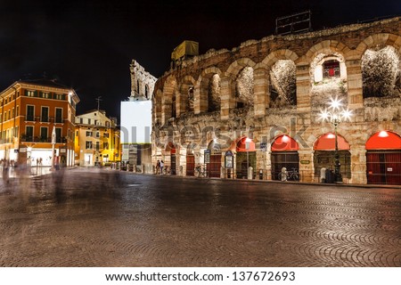 Ancient Roman Amphitheater on Piazza Bra in Verona at Night, Veneto, Italy