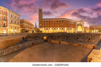 Ancient Roman Amphitheatre In Lecce At Twilight Time, Puglia Region, Southern Italy