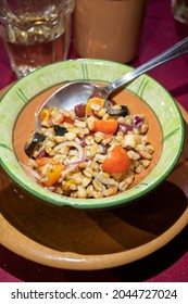 Ancient Roman Food Antipasti Pearl Barley Salad With Tomatoes, Olives, Red Onion Close Up