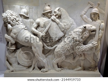ANCIENT ROMAN GLADIATORS FIGHTING WITH LIONS
