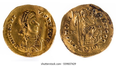 Ancient Roman Gold Solidus Coin Of Emperor Honorius.