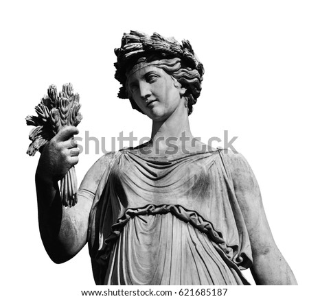 Ancient Roman or Greek neoclassical statue holding wheat in Rome (isolated on white background)