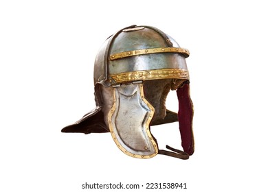 Ancient Roman helmet, vintage soldier armor to protect the head in battle, isolated on a white background. Reconstruction of military events during the wars of the Roman Empire