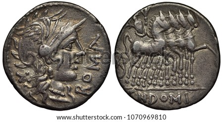 Ancient Roman Republic silver coin, denarius, 116-115 BC, head of Roma in winged helmet right, Jupiter in chariot pulled by four horses, moneyer Domitius Ahenobarbus,