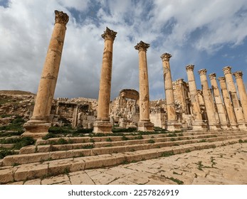 ancient Roman structures in Jerash city,Gerasa, Jordan, hippodrom, amphiteatre,theatres and columns of the ancient Roman civilization made out of marble stone and sand stone