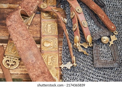 Ancient Roman Vintage Soldier Chain Mail And Leather Belt. Reconstruction Of Military Events During The Wars Of The Roman Empire