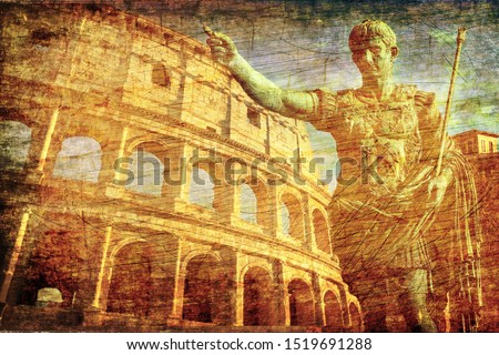 Ancient Romans Signs Background with Imperator Statue Conqueror Colosseum  Old Europe Map