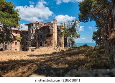 Ancient Ruins, Abandoned And Brownfield Of Prinkipo Greek Orphanage, Prinkipo Palace In Princes Island In Istanbul, Turkey. Local Name Is Rum Yetimhanesi, Büyükada.