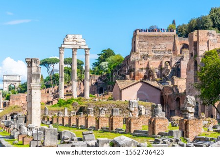 Ancient ruins of Basilica Julia and Temple of Castor and Pollux in Roman Forum, Rome, Italy.