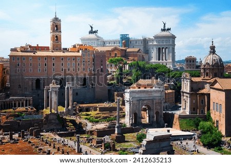 Ancient ruins of forum and Victor Emmanuel II monument in Rome, Italy
