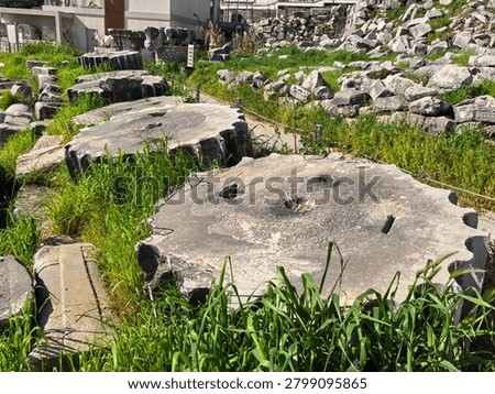 Ancient ruins and massive ionic columns of the Hellenistic Temple of Apollo at the sanctuary of Didyma in Turkey.