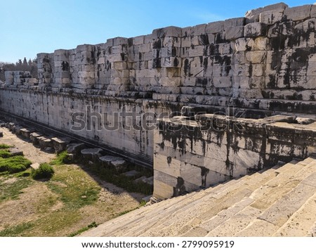 Ancient ruins and massive ionic columns of the Hellenistic Temple of Apollo at the sanctuary of Didyma in Turkey.
