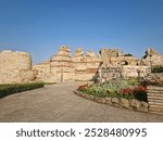 Ancient ruins of Nessebar, weathered brick and stone walls remnants of Byzantine fortress structure. Thracian settlement Mesembria now the old town of Nesebar, UNESCO world heritage in Bulgaria