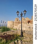 Ancient ruins of Nessebar, weathered brick and stone walls remnants of Byzantine fortress structure. Thracian settlement Mesembria now the old town of Nesebar, UNESCO world heritage in Bulgaria