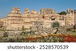 Ancient ruins of Nessebar, weathered brick and stone walls remnants of Byzantine fortress structure. Thracian settlement Mesembria now the old town of Nesebar, UNESCO world heritage in Bulgaria