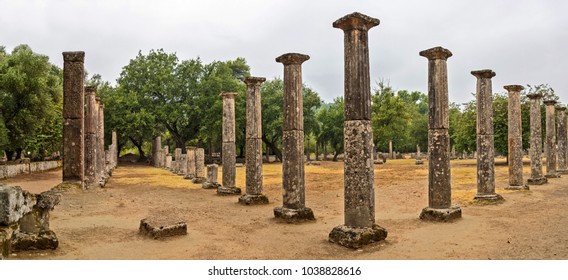 Ancient Ruins In Olympia, Greece. The Birth Place Of The Olympic Games.