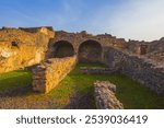 Ancient ruins of Pompei city, Naples, Italy. View of ancient city of Pompeii, Pompei is ancient Roman city destroyed from eruption of Mount Vesuvius in 1st century, Naples, Italy