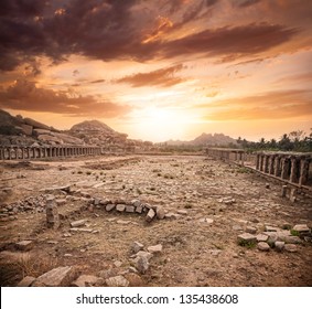 Ancient Ruins Of Vijayanagara Empire At Dramatic Sky In Hampi, Karnataka, India