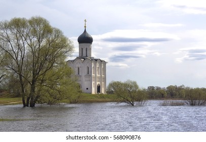 Ancient Russian church on the bank of the river. Nerl