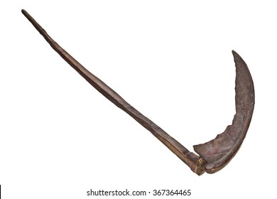 Ancient rusted metal scythe isolated on a white background