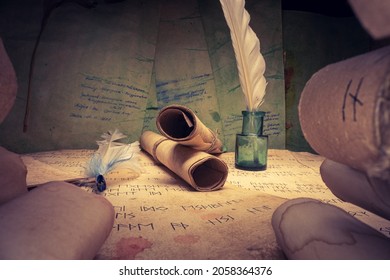 Ancient Scribe Library. Futhpak Scrolls Stacked On A Pile. View From Inside.