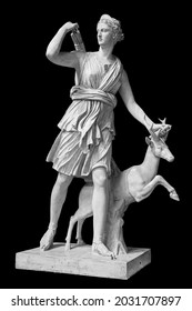 Ancient sculpture Diana Artemis. Goddess of of the moon, wildlife, nature and hunting. Classic white marble statuette isolated on black background