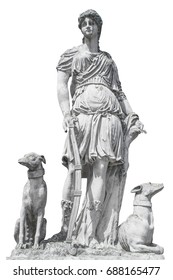 Ancient Sculpture Diana (Artemis). Goddess Of Of The Moon, Wildlife, Nature And Hunting.