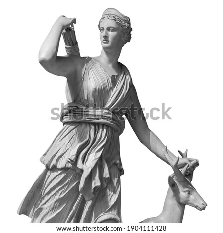 Ancient sculpture Diana Artemis. Goddess of of the moon, wildlife, nature and hunting. Classic white marble statuette isolated on white background