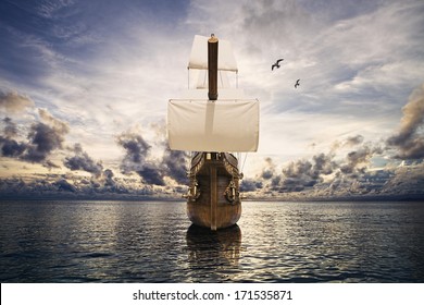 The ancient ship in the sea 