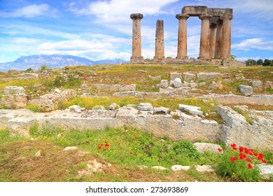 Ancient site decorated with spring flowers and the Apollo temple in the background, Corinth, Greece