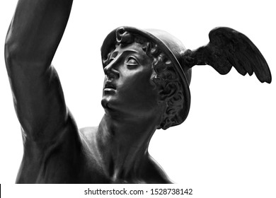 Ancient statue of the antique god of commerce, merchants and travelers Hermes - Mercury. He is olympic gods messenger with wings on a helmet. Sculpture isolated on white background by clipping path