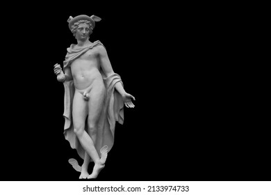 Ancient statue of antique god of commerce, business, merchants and travelers Hermes (Mercury). He also symbolizes cunning. Copy space for design.