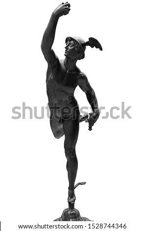 Ancient statue of the antique god of commerce, merchants and travelers Hermes - Mercury. He is olympic gods messenger with wings on a helmet. Sculpture isolated on white background by clipping path.