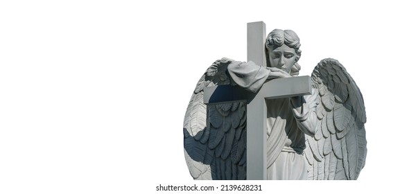 Ancient Statue Of Beautiful Angel With Cross Isolated On White Background. Christianity, Death And Resurrection Of Jesus Christ Concept. Copy Space.