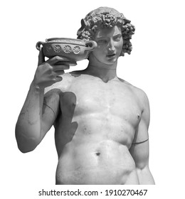 Ancient statue of Dionysus isolated on a white background. Dionysus is the God of the grape harvest, wine and merriment. Also known as Bacchus