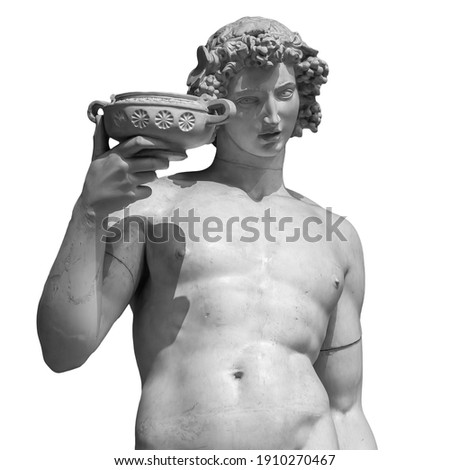 Ancient statue of Dionysus isolated on a white background. Dionysus is the God of the grape harvest, wine and merriment. Also known as Bacchus