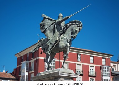 Ancient Statue Of Medeival Spanish Soldier Rodrigo Diaz De Vivar, El Cid In Burgos, Spain.