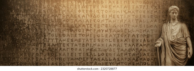 Ancient statues on the antique text. Ancient Greek and Roman, empire of Alexander, Roman Empire background. Background on the theme of ancient culture, archeology and history. - Shutterstock ID 2320728877