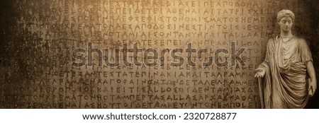 Ancient statues on the antique text. Ancient Greek and Roman, empire of Alexander, Roman Empire background. Background on the theme of ancient culture, archeology and history.