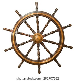 Ancient Steering Wheel From The Sailing Vessel On Isolated White Background