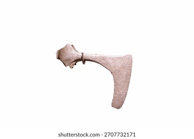 An ancient stone axe, featuring unique carvings and a distinctive shape, highlights the craftsmanship of early civilizations. It is a fascinating artifact of historical importance.