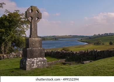 Ancient stone, celtic cross, headstone at Drumlane cemetery, outside Killeshandra, Co. Cavan, Ireland.