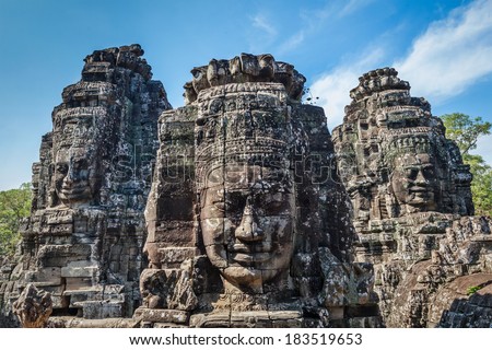 Ancient stone faces of Bayon temple, Angkor, Cambodia