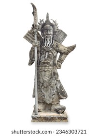 Ancient stone figure carved in the form of a soldier's opera isolated on white background. Chinese stone guardian statue in Wat Pho temple in Bangkok, Thailand. Chinese warrior stone sculpture.

